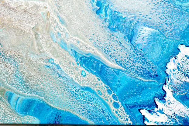 large painting in abstract of aerial of beach with white foam from waves coming into shore. The ocean is gorgeous turquoise waters, aquamarine and sparkeles like real water in the sunlight