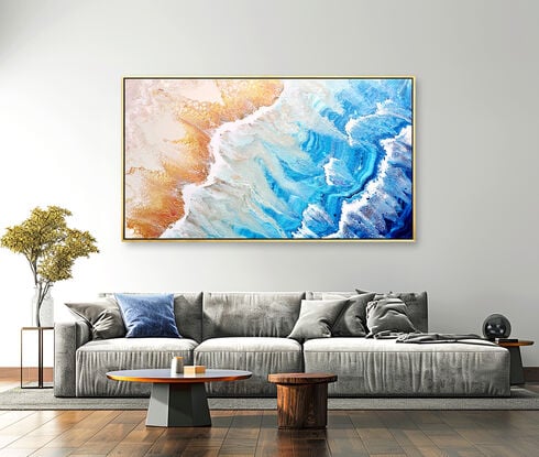 large painting in abstract of aerial of beach with white foam from waves coming into shore. The ocean is gorgeous turquoise waters, aquamarine and sparkeles like real water in the sunlight