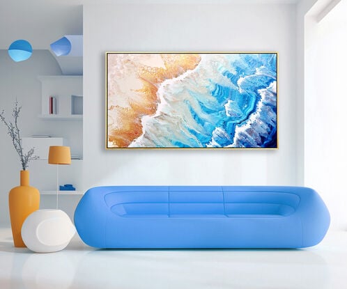 large painting in abstract of aerial of beach with white foam from waves coming into shore. The ocean is gorgeous turquoise waters, aquamarine and sparkeles like real water in the sunlight