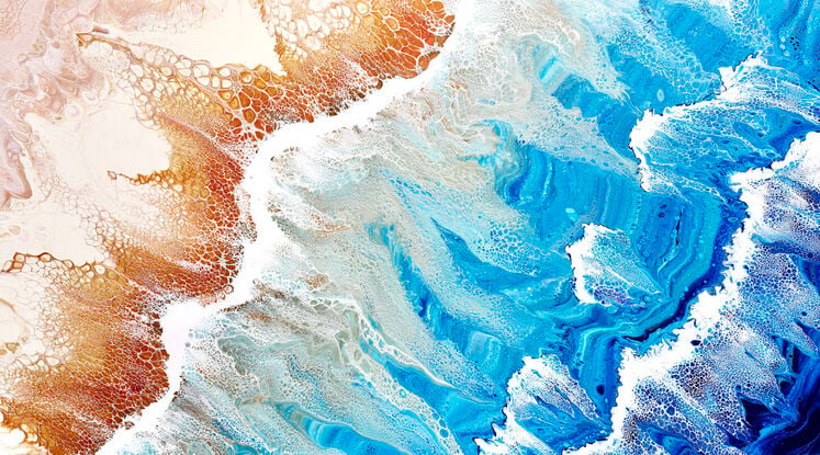 large painting in abstract of aerial of beach with white foam from waves coming into shore. The ocean is gorgeous turquoise waters, aquamarine and sparkeles like real water in the sunlight