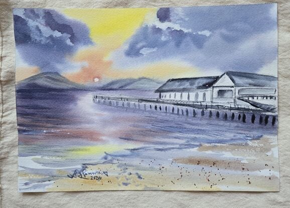 A sunset boat house watercolour painting.