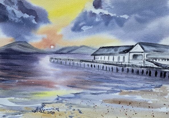 A sunset boat house watercolour painting.