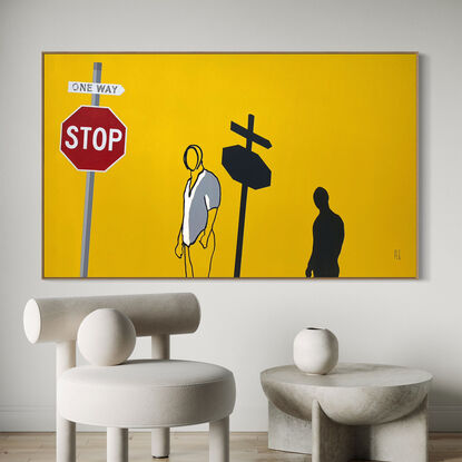 Extra Large black line art image on an earthy mustard/yellow & deep brown colour with figurative imagery.