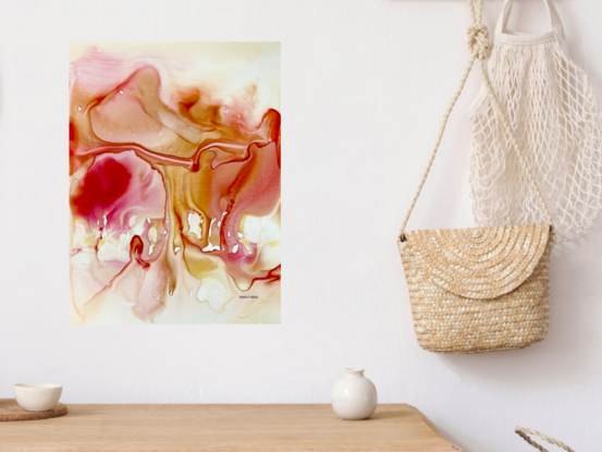 This abstract mixed media artwork, titled Cradle, explores the fluid dynamics of soft blushes and golden hues, blending organically to form a visually striking yet tranquil piece. With a gentle, flowing movement throughout, the composition evokes a sense of warmth and subtle energy. The harmonious transitions between colors give the viewer the sensation of being enveloped in a delicate embrace, reminiscent of nature's softer moments, such as a sunrise or the meeting of land and sea