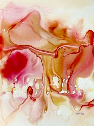 This abstract mixed media artwork, titled Cradle, explores the fluid dynamics of soft blushes and golden hues, blending organically to form a visually striking yet tranquil piece. With a gentle, flowing movement throughout, the composition evokes a sense of warmth and subtle energy. The harmonious transitions between colors give the viewer the sensation of being enveloped in a delicate embrace, reminiscent of nature's softer moments, such as a sunrise or the meeting of land and sea