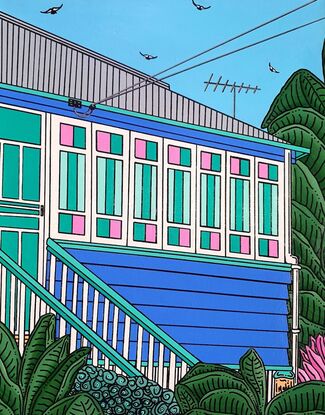 A vibrant and happy depiction of a colourful blue and green Queenslander home found in many towns across Australia.  Surrounded by lush tropical plants, colourful pink and green casement windows and blue, blue skies - this painting exudes summer vibes, happiness and a hint of Aussie nostalgia. This artwork would add colour and brightness to any home or office.