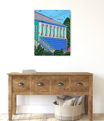 A vibrant and happy depiction of a colourful blue and green Queenslander home found in many towns across Australia.  Surrounded by lush tropical plants, colourful pink and green casement windows and blue, blue skies - this painting exudes summer vibes, happiness and a hint of Aussie nostalgia. This artwork would add colour and brightness to any home or office.