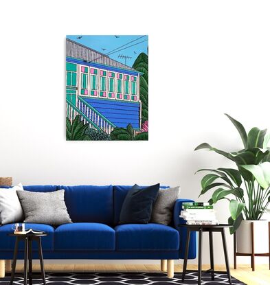 A vibrant and happy depiction of a colourful blue and green Queenslander home found in many towns across Australia.  Surrounded by lush tropical plants, colourful pink and green casement windows and blue, blue skies - this painting exudes summer vibes, happiness and a hint of Aussie nostalgia. This artwork would add colour and brightness to any home or office.