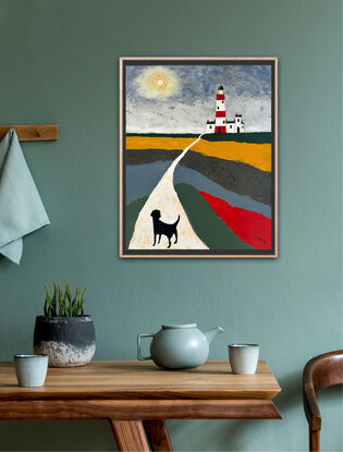 A naive style palette knife painting showing a countryside scene with colourful fields of green, red, blue and ochre, beside a long white yellow path, where a black dog is walking with its back view to the viewer, the path leads to a red and white lighthouse in the far distance. The sky is a mixture of greys with a full moon in the sky. 