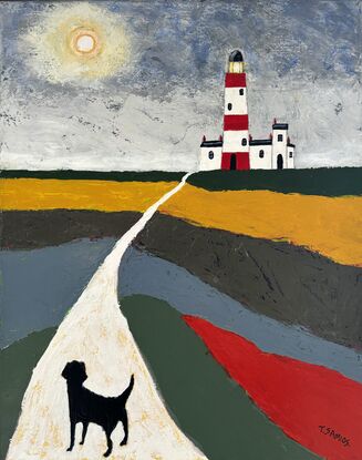 A naive style palette knife painting showing a countryside scene with colourful fields of green, red, blue and ochre, beside a long white yellow path, where a black dog is walking with its back view to the viewer, the path leads to a red and white lighthouse in the far distance. The sky is a mixture of greys with a full moon in the sky. 