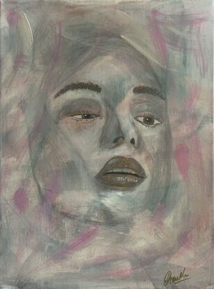 Abstract form of a woman’s face, shown only in the lips, eyes and nose…. The rest abstracted into the background. 