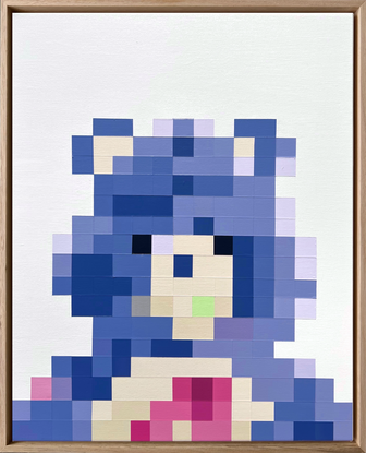 Blue and purple pixelated teddy bear