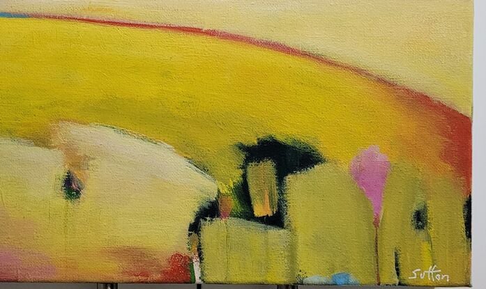 Small yellow landscape painting of fields 