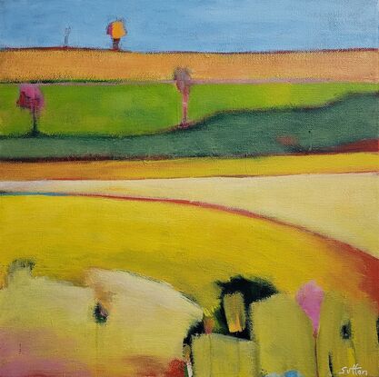 Small yellow landscape painting of fields 