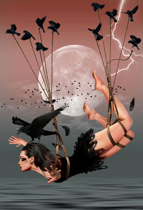 a beautiful female flying with pet raven over moon lit ocean suspended by small black birds