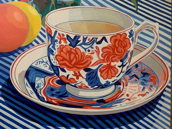 A still life painting of a vintage teacup with greenery,  greens, blues, yellows, white , pinks, oranges, reds  and greens