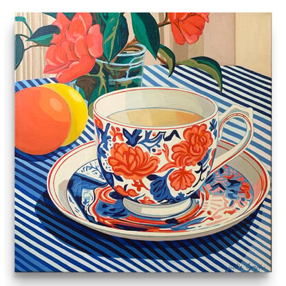 A still life painting of a vintage teacup with greenery,  greens, blues, yellows, white , pinks, oranges, reds  and greens