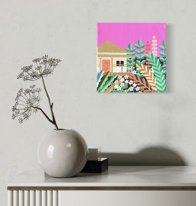 Neon pink sky. Half a house on the left of the painting that has a gold roof. Subtropical plants in greens and oranges.