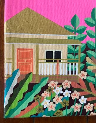 Neon pink sky. Half a house on the left of the painting that has a gold roof. Subtropical plants in greens and oranges.