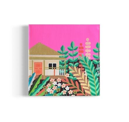 Neon pink sky. Half a house on the left of the painting that has a gold roof. Subtropical plants in greens and oranges.