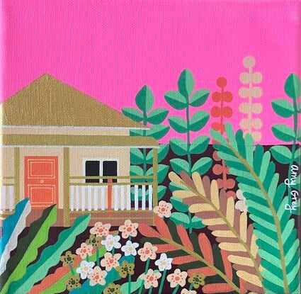 Neon pink sky. Half a house on the left of the painting that has a gold roof. Subtropical plants in greens and oranges.