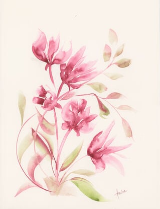 A set of two paintings of bordeaux coloured imaginery, soft and delicate flowers.