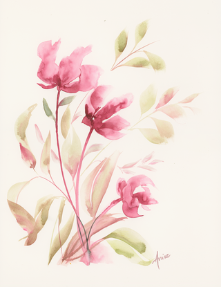 A set of two paintings of bordeaux coloured imaginery, soft and delicate flowers.