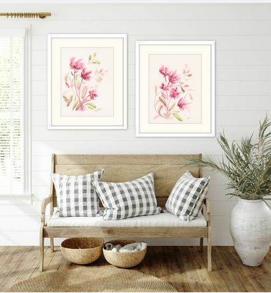 A set of two paintings of bordeaux coloured imaginery, soft and delicate flowers.