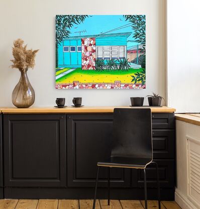 This vibrant and happy artwork pays homage to the good old Aussie beach shack with a touch of mid century modern thrown in. The shack is a rich minty green, complete with a panel of mid century modern stone work and front fence in shades of brown. Surrounded by plants, greenery and a manicured front lawn. It evokes memories of simple homes, simple times and simple summer holidays. Rich in detail and colour this piece would add a burst of nostalgia and fun to any home, office or workplace.