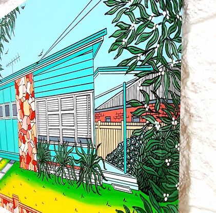 This vibrant and happy artwork pays homage to the good old Aussie beach shack with a touch of mid century modern thrown in. The shack is a rich minty green, complete with a panel of mid century modern stone work and front fence in shades of brown. Surrounded by plants, greenery and a manicured front lawn. It evokes memories of simple homes, simple times and simple summer holidays. Rich in detail and colour this piece would add a burst of nostalgia and fun to any home, office or workplace.