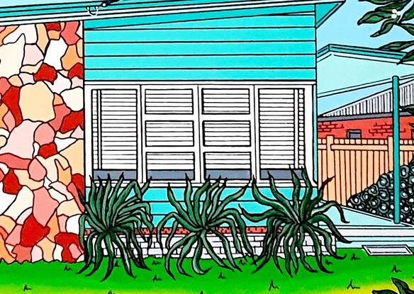 This vibrant and happy artwork pays homage to the good old Aussie beach shack with a touch of mid century modern thrown in. The shack is a rich minty green, complete with a panel of mid century modern stone work and front fence in shades of brown. Surrounded by plants, greenery and a manicured front lawn. It evokes memories of simple homes, simple times and simple summer holidays. Rich in detail and colour this piece would add a burst of nostalgia and fun to any home, office or workplace.