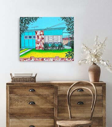 This vibrant and happy artwork pays homage to the good old Aussie beach shack with a touch of mid century modern thrown in. The shack is a rich minty green, complete with a panel of mid century modern stone work and front fence in shades of brown. Surrounded by plants, greenery and a manicured front lawn. It evokes memories of simple homes, simple times and simple summer holidays. Rich in detail and colour this piece would add a burst of nostalgia and fun to any home, office or workplace.