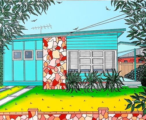 This vibrant and happy artwork pays homage to the good old Aussie beach shack with a touch of mid century modern thrown in. The shack is a rich minty green, complete with a panel of mid century modern stone work and front fence in shades of brown. Surrounded by plants, greenery and a manicured front lawn. It evokes memories of simple homes, simple times and simple summer holidays. Rich in detail and colour this piece would add a burst of nostalgia and fun to any home, office or workplace.