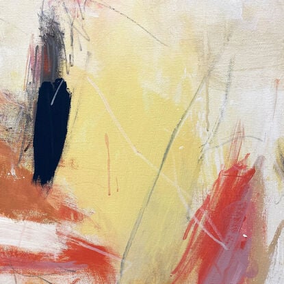 Subtle tones in warm earthy beige, apricot, orange, pink, blush, peach, white, grey, black, blue combined with large expressive pencil and paint marks, across the canvas surface. 