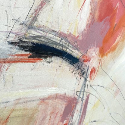 Subtle tones in warm earthy beige, apricot, orange, pink, blush, peach, white, grey, black, blue combined with large expressive pencil and paint marks, across the canvas surface. 