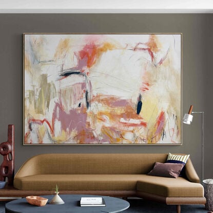 Subtle tones in warm earthy beige, apricot, orange, pink, blush, peach, white, grey, black, blue combined with large expressive pencil and paint marks, across the canvas surface. 