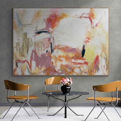 Subtle tones in warm earthy beige, apricot, orange, pink, blush, peach, white, grey, black, blue combined with large expressive pencil and paint marks, across the canvas surface. 