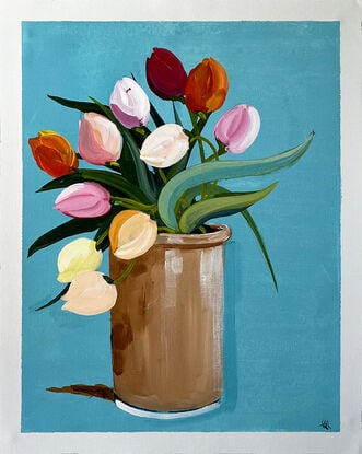 Colourful Tulips in Terracotta Vase Painted in Acrylic on Cotton Canvas