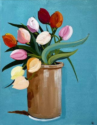 Colourful Tulips in Terracotta Vase Painted in Acrylic on Cotton Canvas