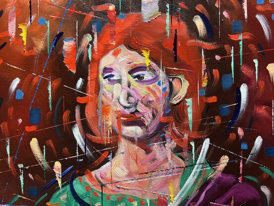 Bright and rich colours. Patterns, lines and abstract marks. Expressionist portrait.