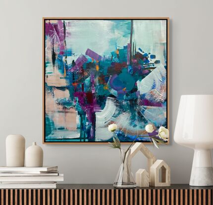 Abstract  with bold colours and marks.  Aqua, Blue, Violet & Purples  with a pop of Orange