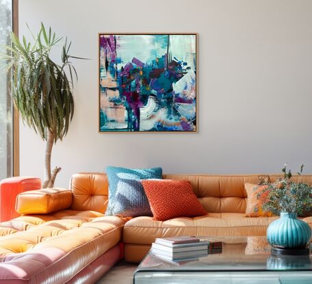 Abstract  with bold colours and marks.  Aqua, Blue, Violet & Purples  with a pop of Orange