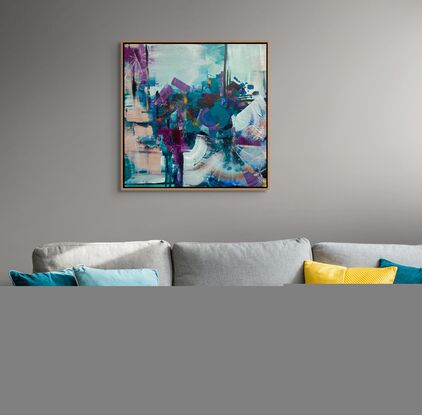 Abstract  with bold colours and marks.  Aqua, Blue, Violet & Purples  with a pop of Orange