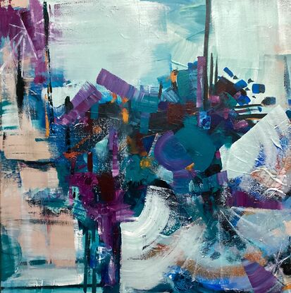 Abstract  with bold colours and marks.  Aqua, Blue, Violet & Purples  with a pop of Orange