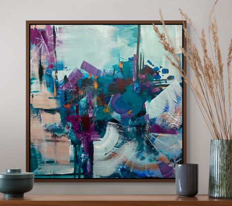 Abstract  with bold colours and marks.  Aqua, Blue, Violet & Purples  with a pop of Orange