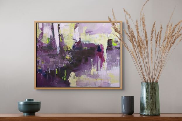 Abstract piece using Plum tones with Lime and Chartreuse  highlights.
Maron or burgundy with purple tones.