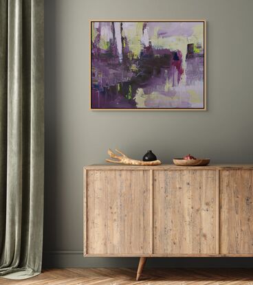 Abstract piece using Plum tones with Lime and Chartreuse  highlights.
Maron or burgundy with purple tones.