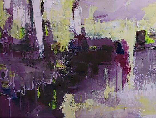 Abstract piece using Plum tones with Lime and Chartreuse  highlights.
Maron or burgundy with purple tones.