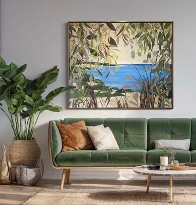 This painting of Rye Beach is framed by eucalyptus branches and pink blossoms, with vibrant blue ocean waves in the background. The soft sandy shore and lush greenery create depth, blending abstraction and realism. The natural elements and calming palette of blues, greens, and earthy tones evoke a serene, peaceful atmosphere, drawing the viewer into the tranquil coastal scene.