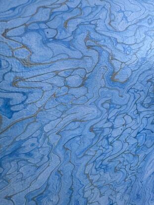 A close-up of an acrylic fluid art painting titled “Blue Veil.” The image features intricate, flowing patterns of various blue shades interwoven with subtle hints of grey and gold. The composition resembles delicate, wave-like veining across the canvas, evoking a sense of tranquility and fluidity.